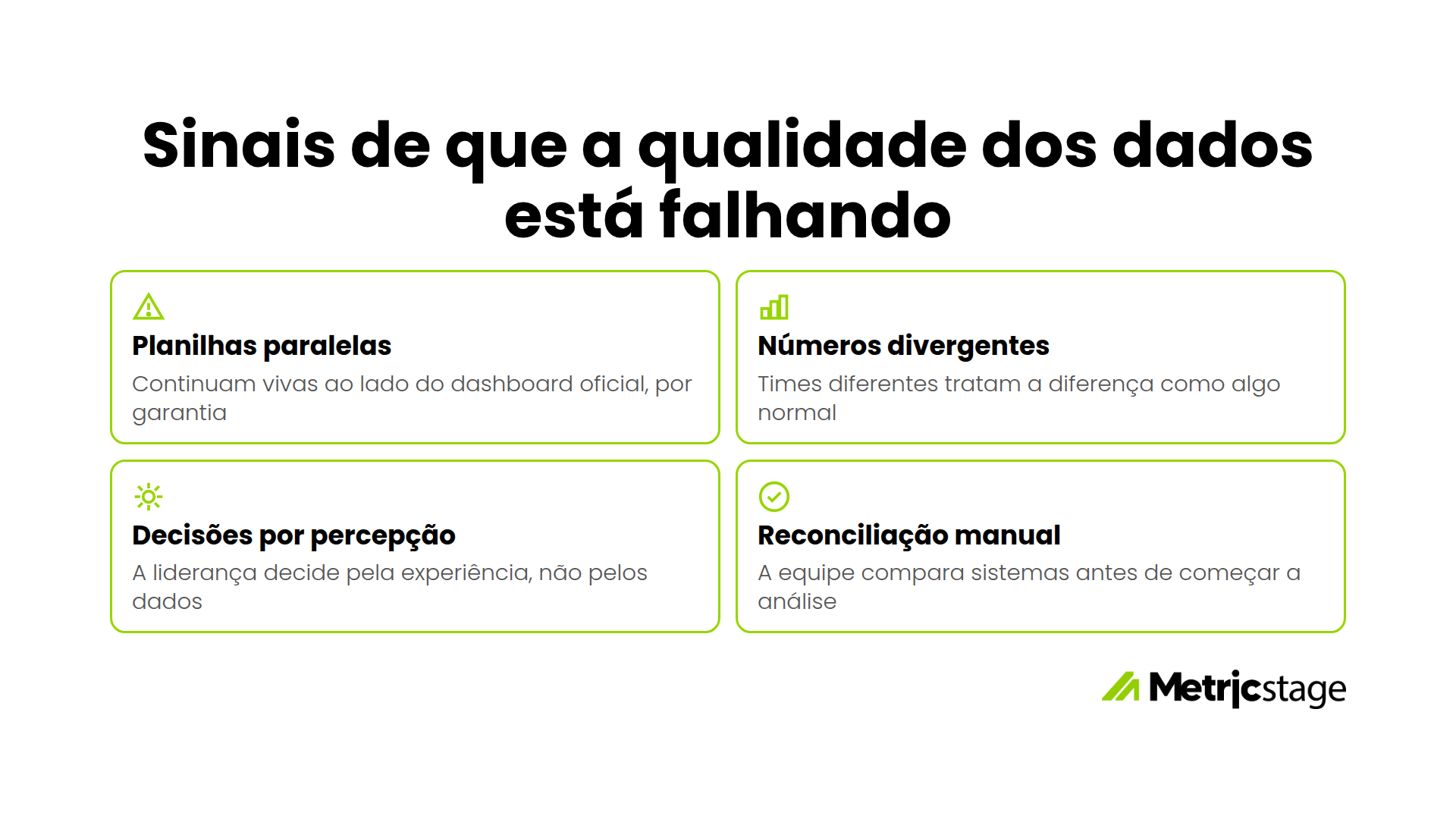 Sinais de que a qualidade dos dados está falhando: planilhas paralelas, números divergentes, decisões por percepção e reconciliação manual